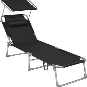 Ligstoel, Opklapbare Ligstoel, Met Zonwering, Hoofdsteun En Verstelbare Rugleuning, Voor Tuin, Zwembad, Terras, Zwart