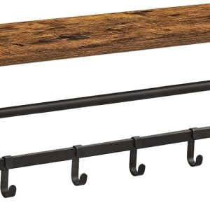Vintage Bruin-Zwarte Wandgarderobe Met 5 Afneembare Hakken, Wandrek En Hangstang Voor Hal, Slaapkamer En Woonkamer