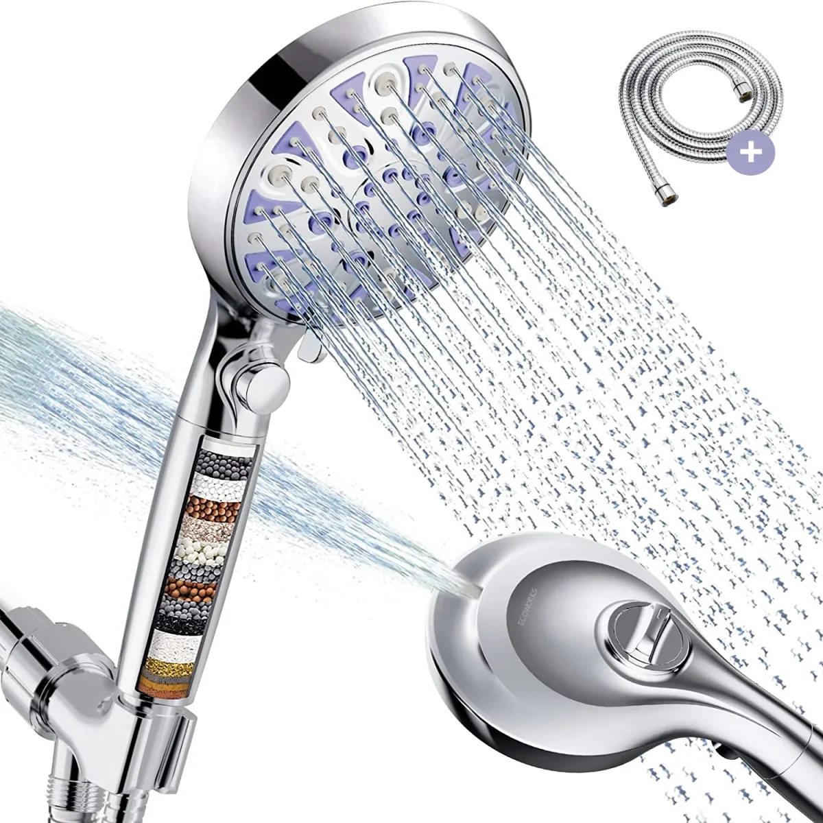 Ecoworks Ionische Douchekop met Hoge druk straal Incl. Doucheslang: 15 filterlagen - Waterbesparend - Afbeelding 2