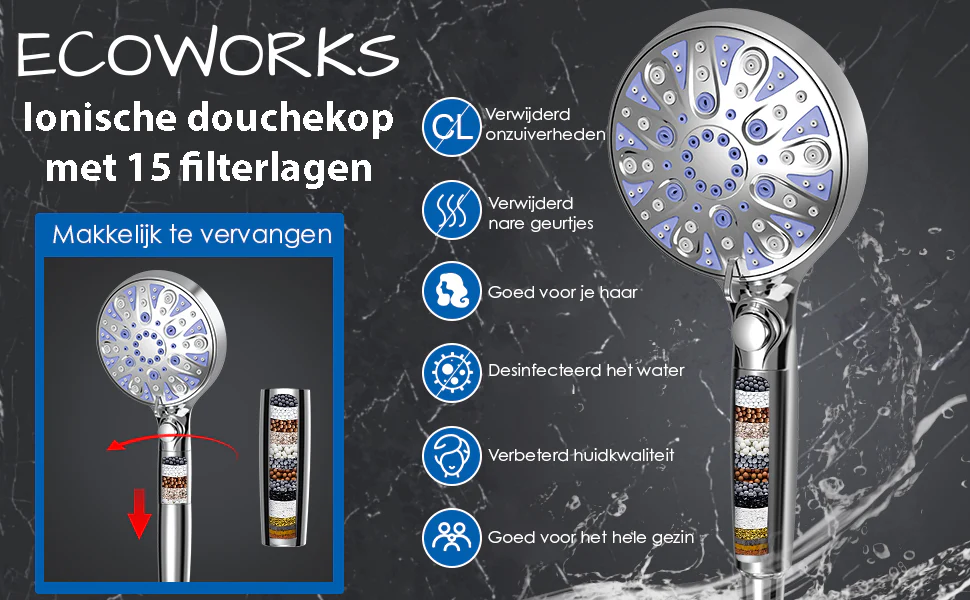 Ecoworks Ionische Douchekop met Hoge druk straal Incl. Doucheslang: 15 filterlagen - Waterbesparend - Afbeelding 9