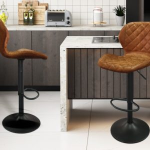 Barstoel ‘Malaga’ PU Cognac, Poten metaal en bekleding PU vintage,