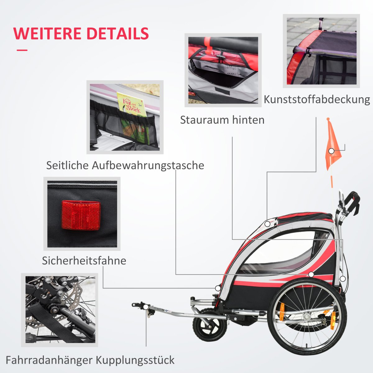 Kinderfietskar – Voor 2 kinderen – Met opbergtas – Rood/Zwart - Afbeelding 8
